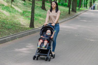 Bebek arabasında çocuklu güzel kadın bir yaz parkında yürüyor.