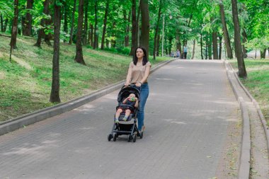 Bebek arabasında çocuklu güzel kadın bir yaz parkında yürüyor.