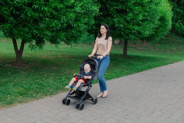 Bebek arabasında çocuklu güzel kadın bir yaz parkında yürüyor.