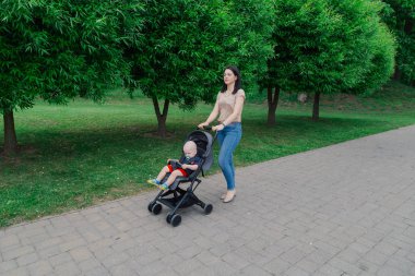 Bebek arabasında çocuklu güzel kadın bir yaz parkında yürüyor.