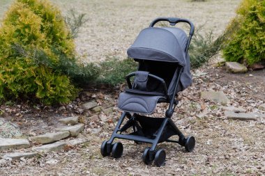 Parkta güzel bebek arabası. Yeni tasarım.