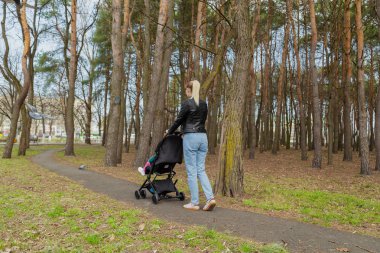 Genç anne bebek arabasında bir bebekle yürüyor..