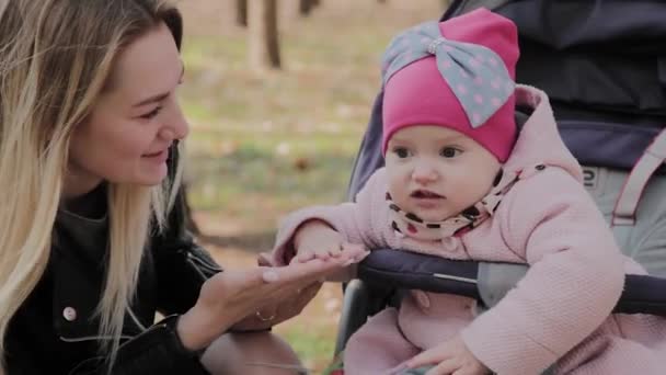 Genç bir anne ve kızı bebek arabasında iletişim kuruyor.. — Stok video