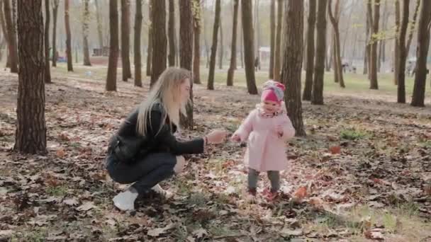 Ευτυχισμένη μαμά και κόρη περπατούν στο πάρκο. — Αρχείο Βίντεο