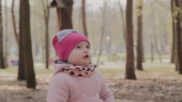 Vacker liten flicka som går ensam i skogen. — Stockvideo