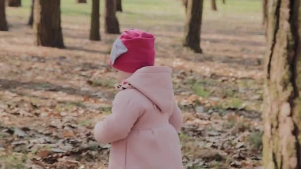 Beautiful little girl walking alone in the forest. — Stock Video