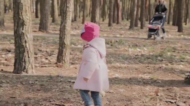 Lycklig mamma och dotter går i parken. — Stockvideo