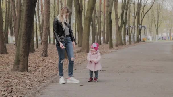 Gelukkige moeder en dochter lopen in het Park. — Stockvideo