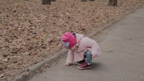 Güzel küçük kız parkta yalnız yürüyor. — Stok video