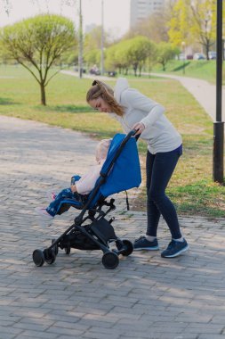 Young mother with a baby in a stroller in a summer park.