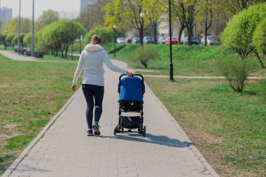 Young mother with a baby in a stroller in a summer park.