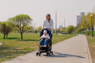 Young mother with a baby in a stroller in a summer park.