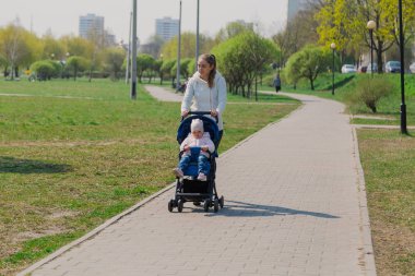 Young mother with a baby in a stroller in a summer park.