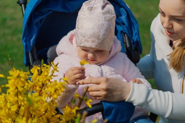 Yazın sarı bir çalılığın yanındaki bir bebek arabasında bir çocukla genç ve şık bir anne..