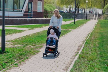 Young mother with a baby in a stroller in a summer park.