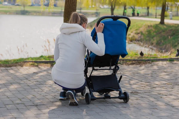 Молодая мать с ребенком в коляске у озера летом . — стоковое фото