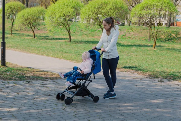 Молодая мать с ребенком в коляске в летнем парке . — стоковое фото