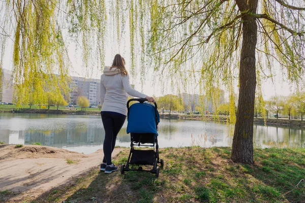 Молодая мать с ребенком в коляске у озера летом . — стоковое фото
