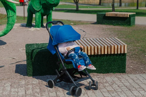 Little beautiful girl sitting in the stroller. — Stock Photo, Image