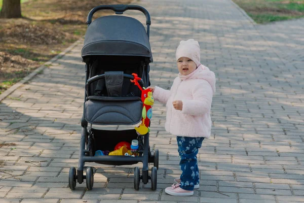 Маленькая девочка катает детскую коляску в парке. Ребенок в парке играет с коляской . — стоковое фото