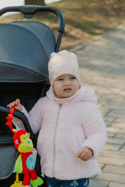 Egy kislány baba gurul a parkban. Gyermek a parkban játszó babakocsi. — Stock Fotó
