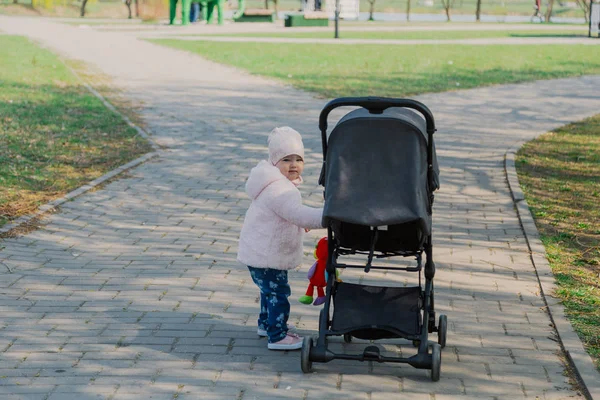 Маленькая девочка катает детскую коляску в парке. Ребенок в парке играет с коляской . — стоковое фото