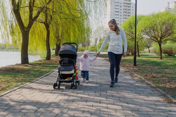 Una madre joven camina con un niño que rueda un cochecito . — Foto de Stock