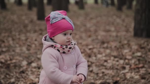 Menina bonita caminha sozinha no parque . — Vídeo de Stock