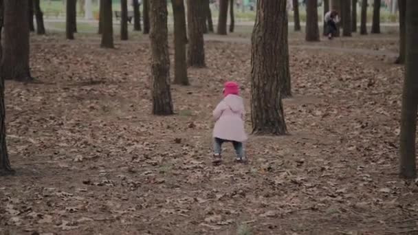 Vacker liten flicka som går ensam i skogen. — Stockvideo