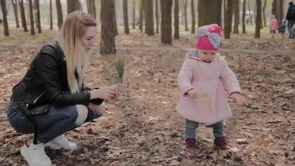 Feliz mamá y su hija están caminando en el parque . — Vídeo de stock