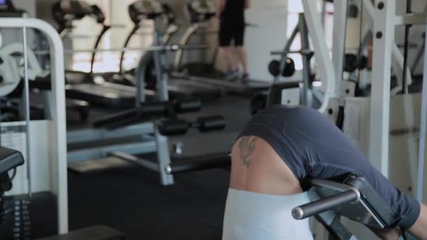 Joven hermosa mujer realiza hiperextensión en el gimnasio . — Vídeo de stock