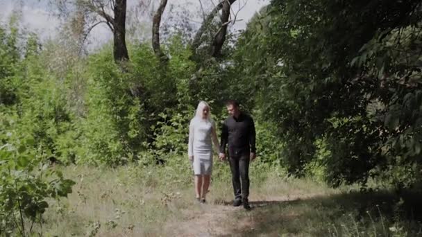Щаслива молода пара закохана ходьба в сонячному лісі тримає руки — стокове відео