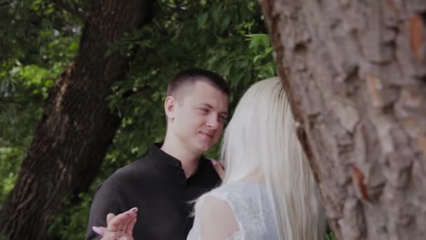 Deux amants assis sous un arbre par temps ensoleillé se regardent et sourient . — Video