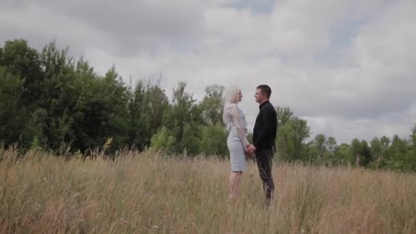 Счастливая влюбленная пара, стоящая на поле, держась за руки . — стоковое видео