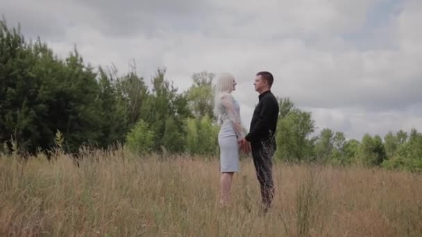 Ευτυχισμένο ζευγάρι στην αγάπη στέκεται στο χωράφι κρατώντας τα χέρια. — Αρχείο Βίντεο