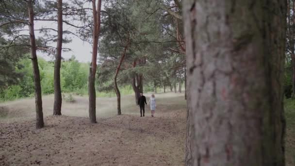 Feliz jovem casal apaixonado andando na floresta ensolarada de mãos dadas — Vídeo de Stock