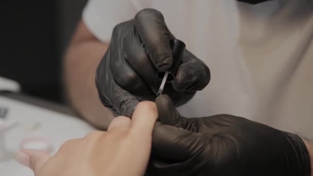 Professional manicurist man varnishes a girls nails. — Stock Video