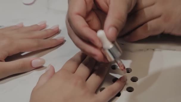 Professionele manicure man past olie op nagels. — Stockvideo