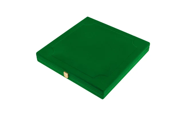 Pudełko z zielonym aksamitem na białym tle, izolować. — Zdjęcie stockowe