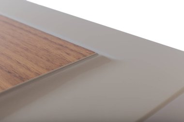 Arka plan veya mutfak için minimalist mobilya cephe kavramı, beyaz bir arka plan üzerinde mobilya iç.