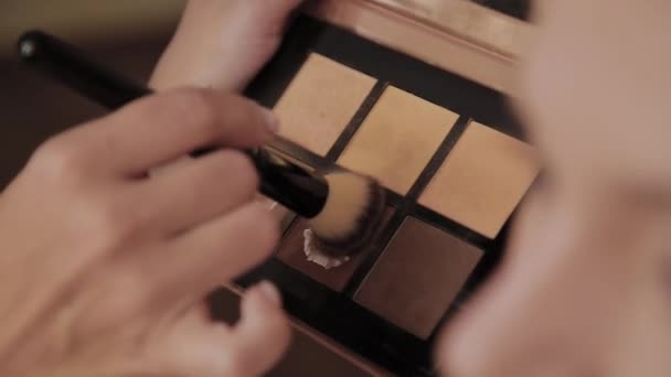 Profesionální výtvarník si aplikuje make-up fotografii modelu pro ženu. — Stock video