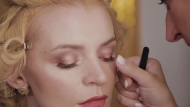 Maquilleuse professionnelle applique la photo de maquillage du modèle à la femme . — Video