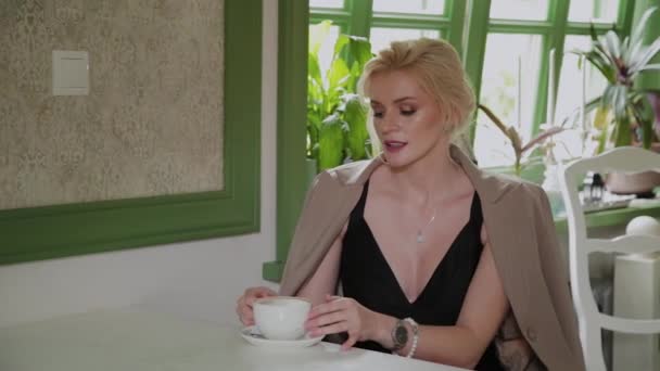 Belle jeune femme d'affaires boit du café dans un café . — Video