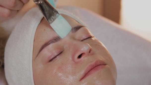 Estetista professionista che applica maschera con pennelli sul viso della donna . — Video Stock