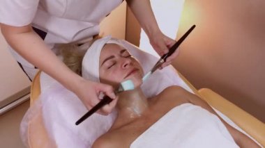 Profesyonel güzellik kadın yüzünde fırçalar ile maske uygulama.