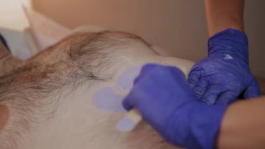 Profesyonel güzellik bir güzellik salonunda bir adam için ağda yapar.