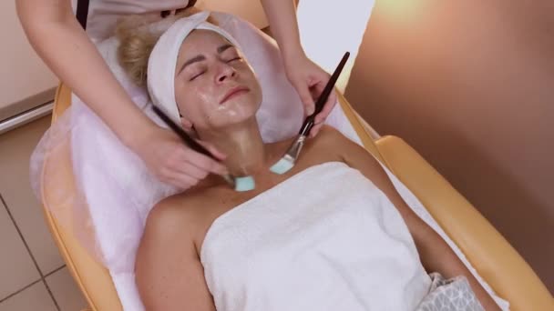Professionell kosmetolog tillämpa mask med borstar på kvinnan ansikte. — Stockvideo
