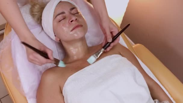 Professionelle Kosmetikerin, die Maske mit Pinseln auf das Gesicht der Frau aufträgt. — Stockvideo
