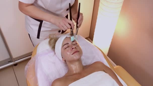 プロの美容師は、女性の顔にブラシでマスクを適用します. — ストック動画