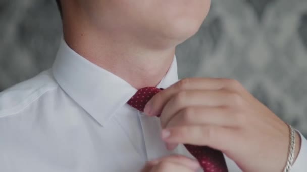 Businessman man straightens his tie. — Stock Video